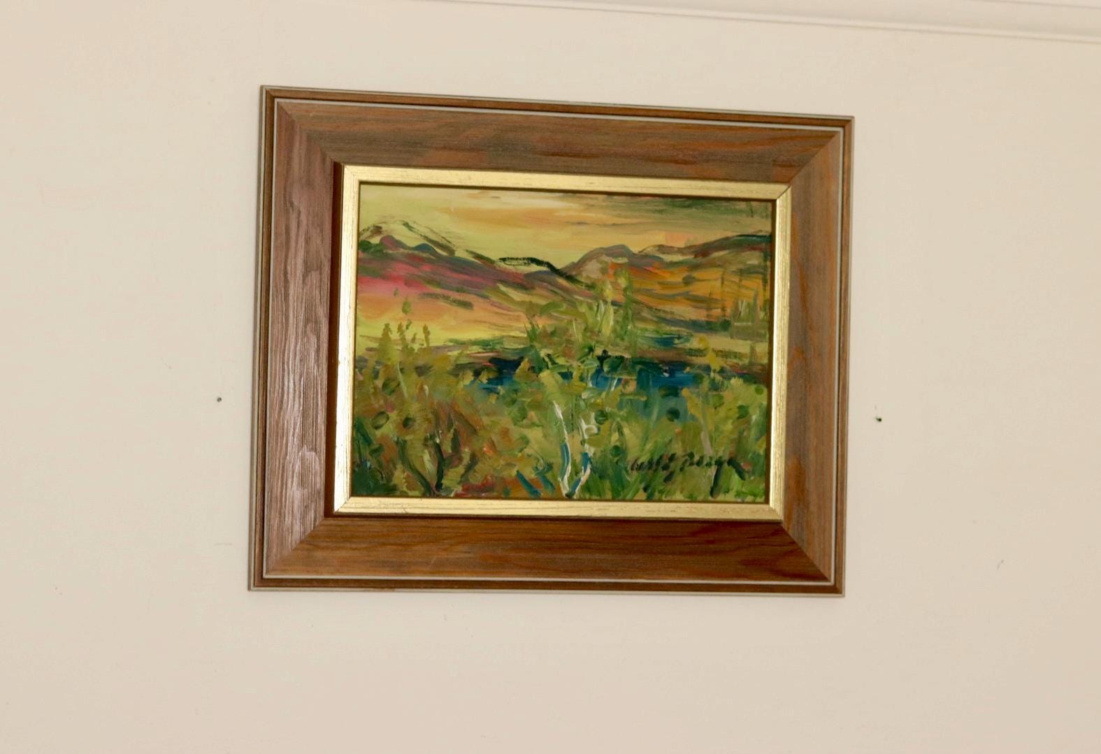 Original Swedish Oil on Panel "Sunset Mountains"