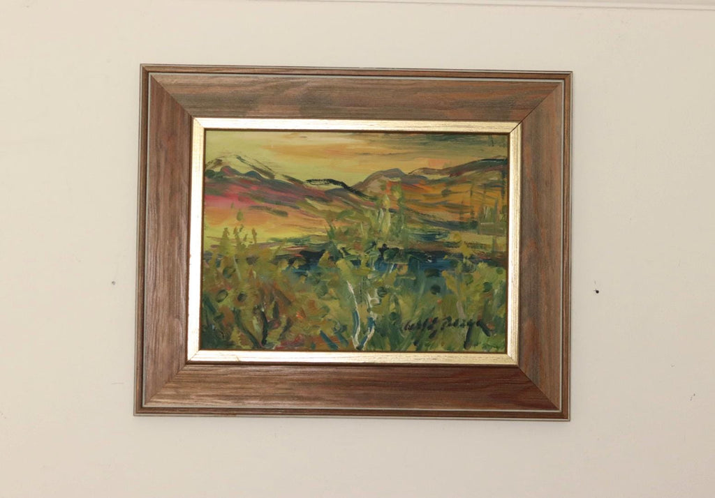 Original Swedish Oil on Panel "Sunset Mountains"