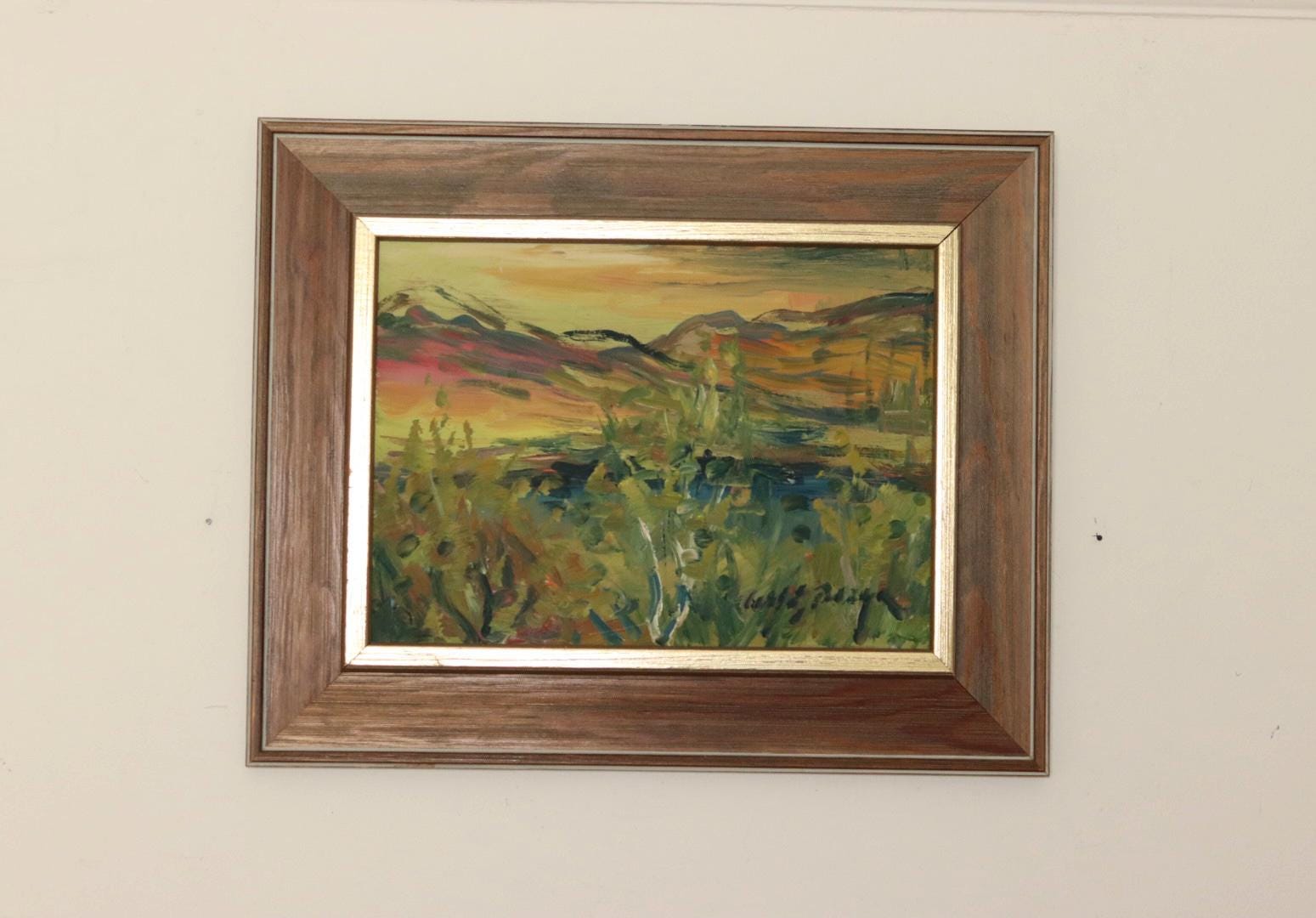 Original Swedish Oil on Panel "Sunset Mountains"