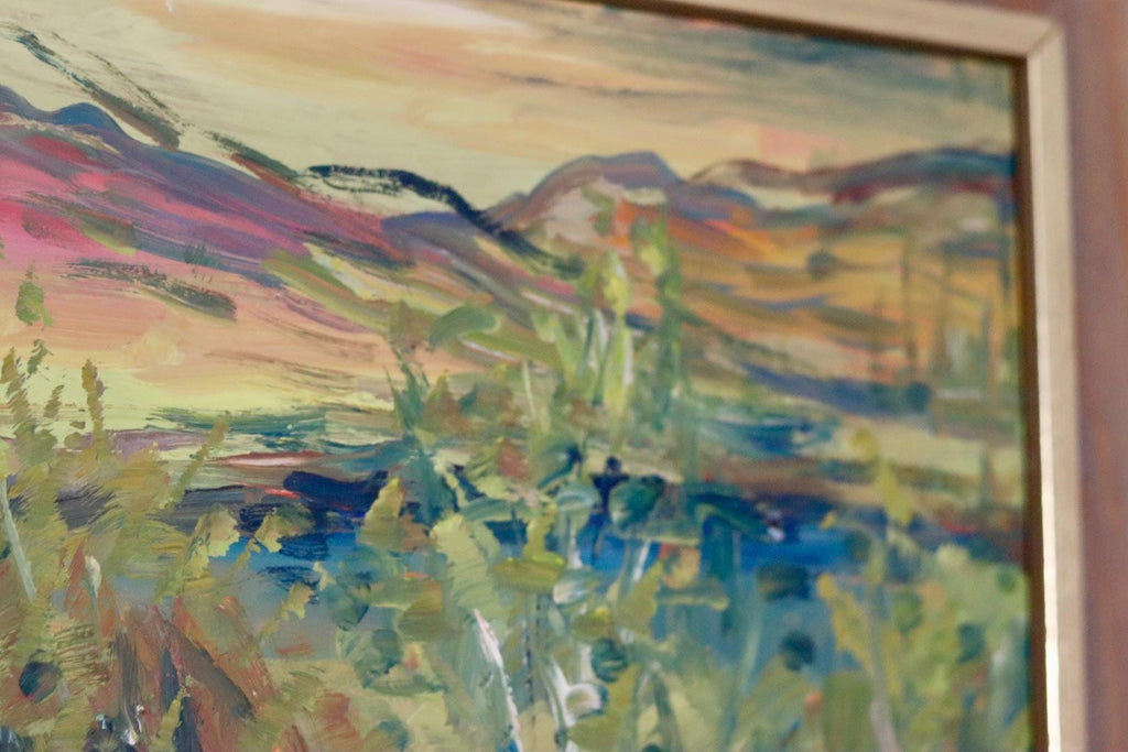 Original Swedish Oil on Panel "Sunset Mountains"