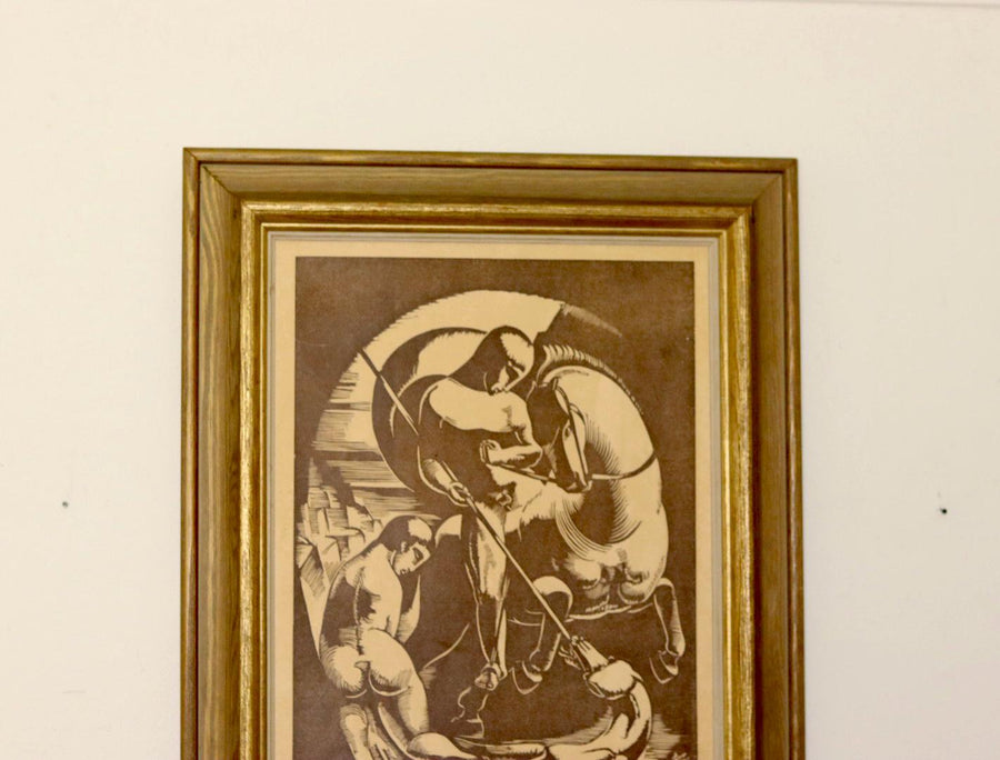 Original Swedish Woodcut Print "Knight on Horseback"