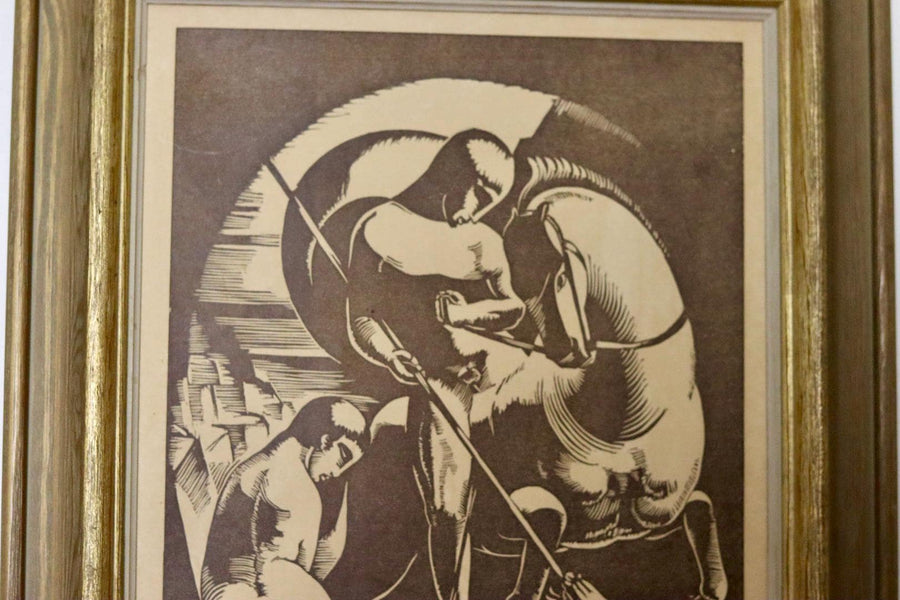 Original Swedish Woodcut Print "Knight on Horseback"