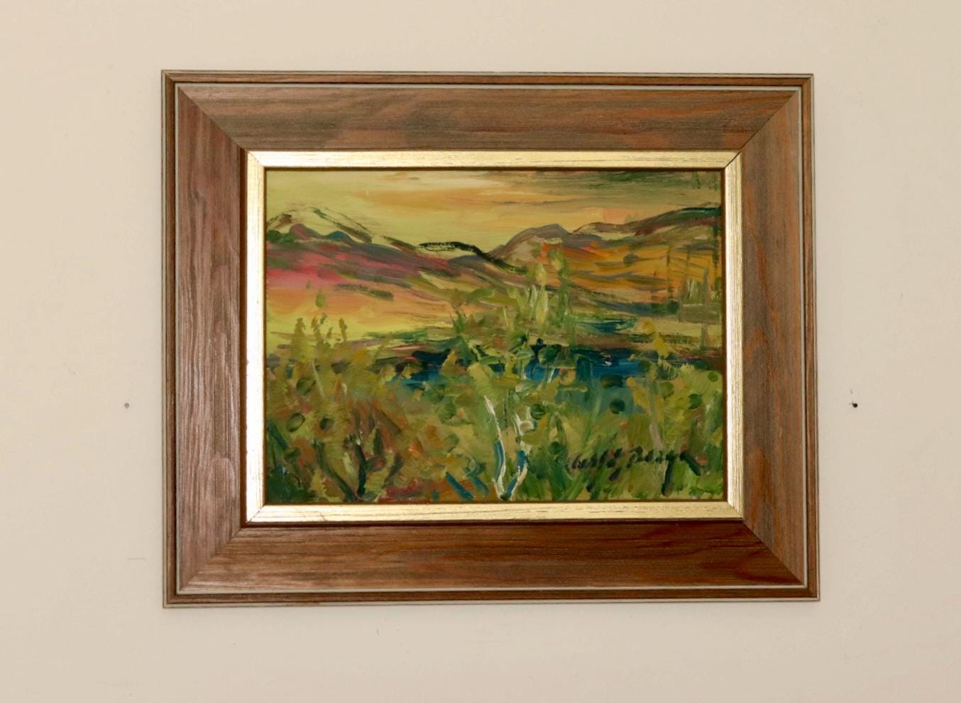 Original Swedish Oil on Panel "Sunset Mountains"