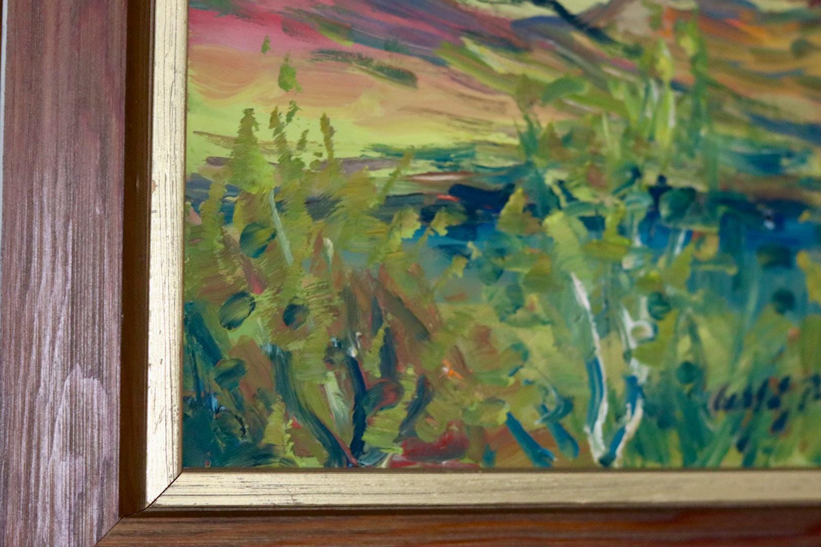 Original Swedish Oil on Panel "Sunset Mountains"