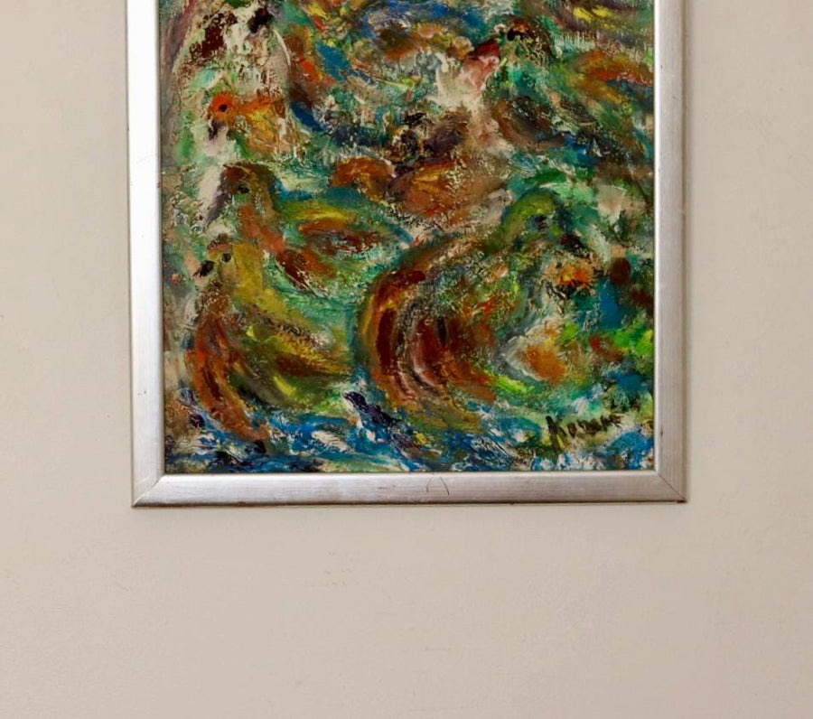 Original Swedish Mid- Century Oil On Panel Painting "Composition- Birds"