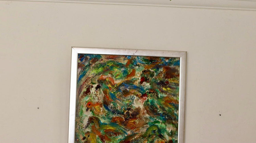 Original Swedish Mid- Century Oil On Panel Painting "Composition- Birds"