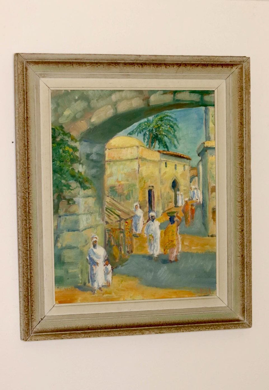 Original Swedish Mid-Century Oil On Panel Painting "Town"