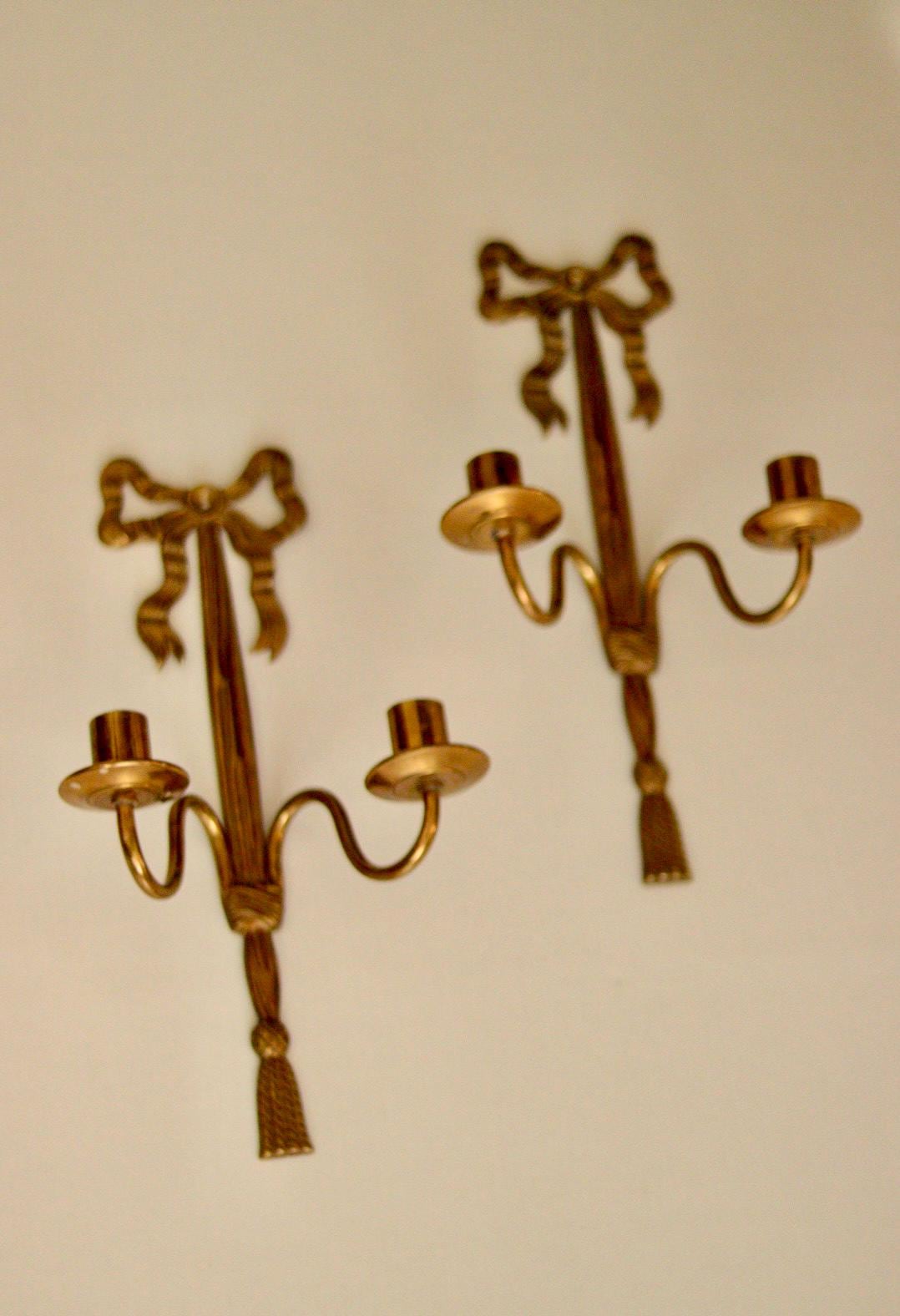 Pair of Vintage French Brass Double Arm Bow Sconces