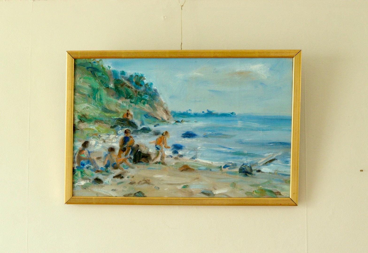 Vintage European Oil on Canvas – “Beach Scene”