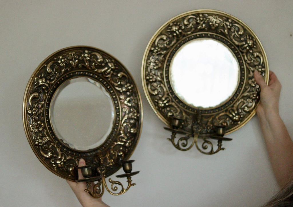 Pair of Antique Swedish Brass Sconces with Mirror