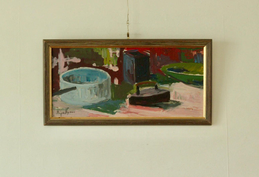 Original Swedish Oil on Panel Still Life with Iron and Pot by Hugo Nyman