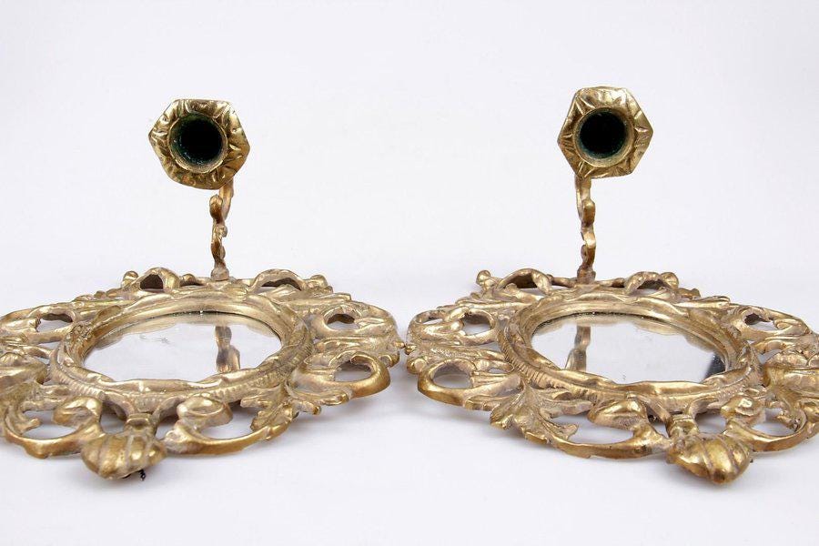 Pair of Antique French Brass Sconces with Mirror