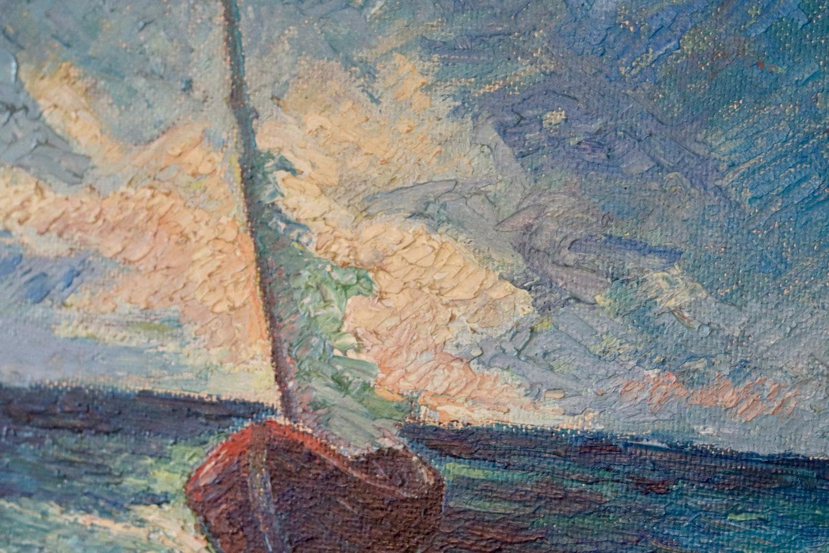 Mid-20th Century Original Oil on Panel – Ship at Sea