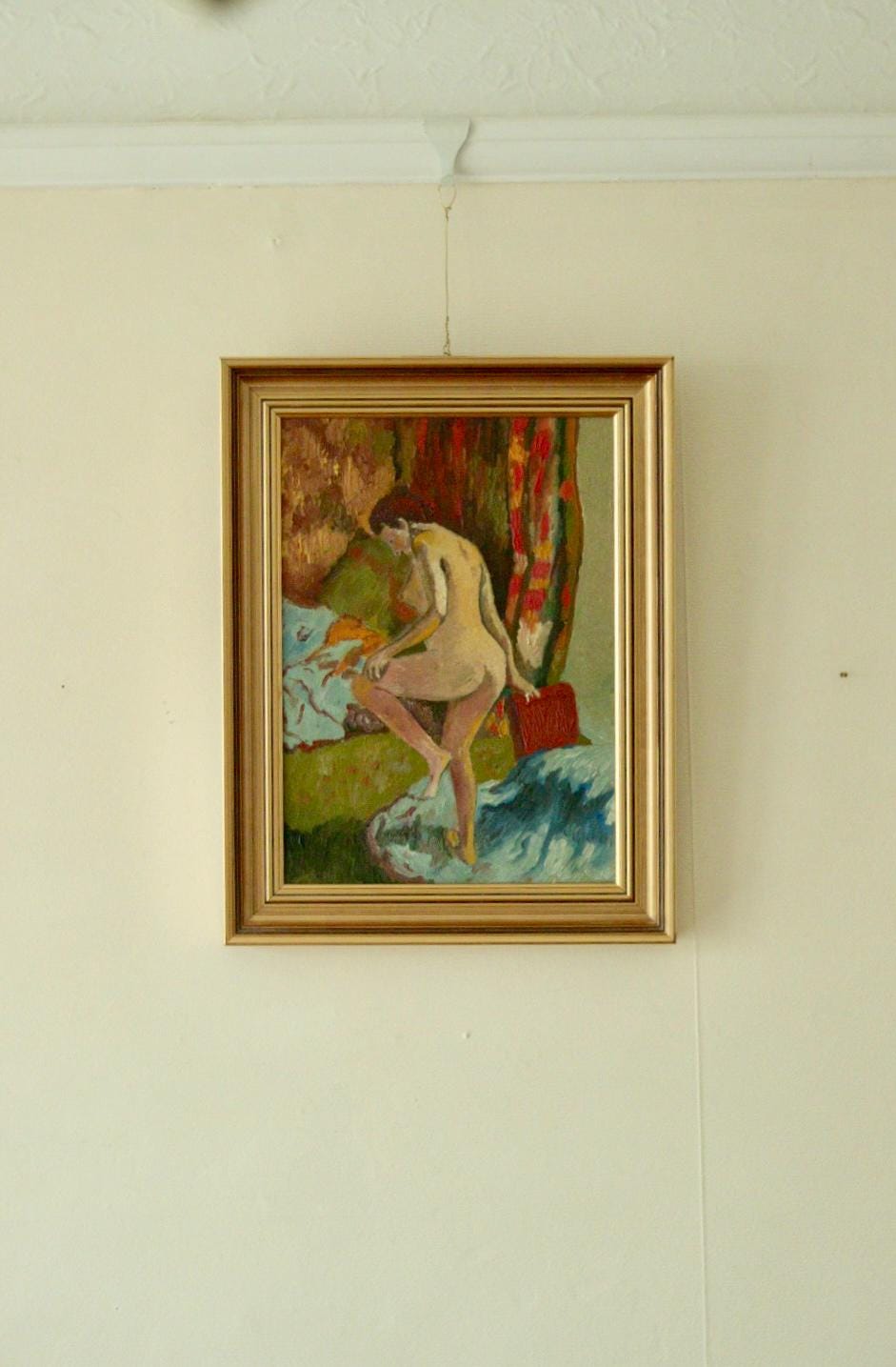 Original Swedish Oil on Panel Painting – Nude in Colourful Interior