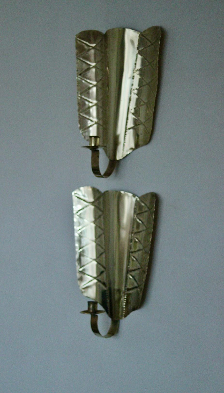 Pair of Mid-Century Swedish Brass Shield Shape Sconces