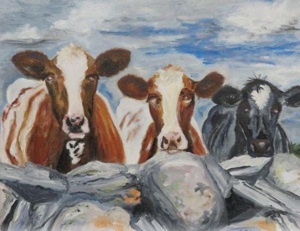 Original Modernist Swedish Acrylic on Canvas "Three Cows"