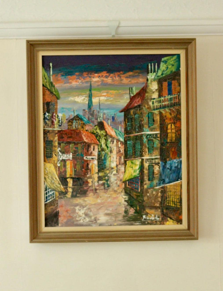 Mid-Century Original Swedish Oil on Canvas "French Street Scene