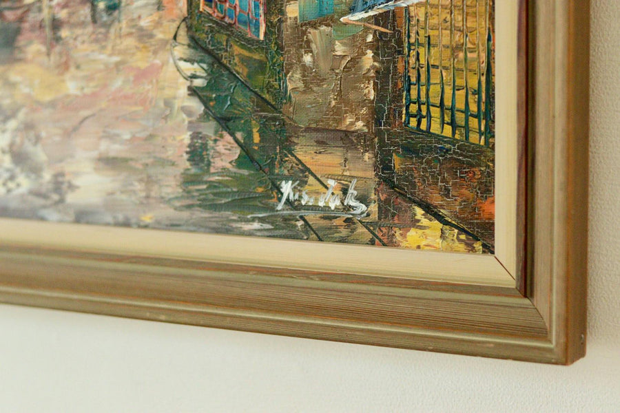 Mid-Century Original Swedish Oil on Canvas "French Street Scene