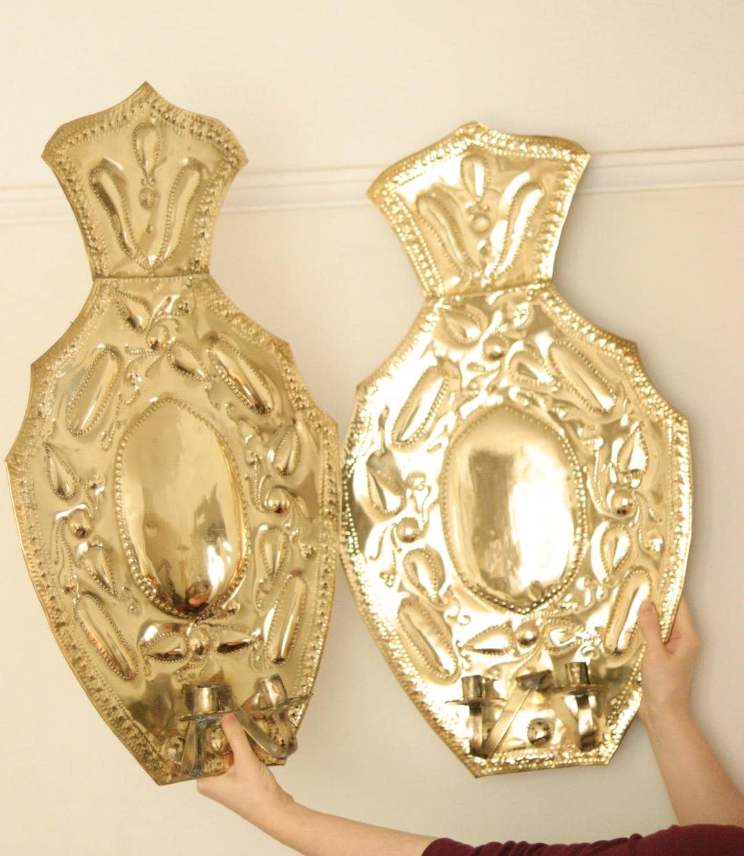 Pair Large baroque Style Mid Century Swedish Brass Sconces
