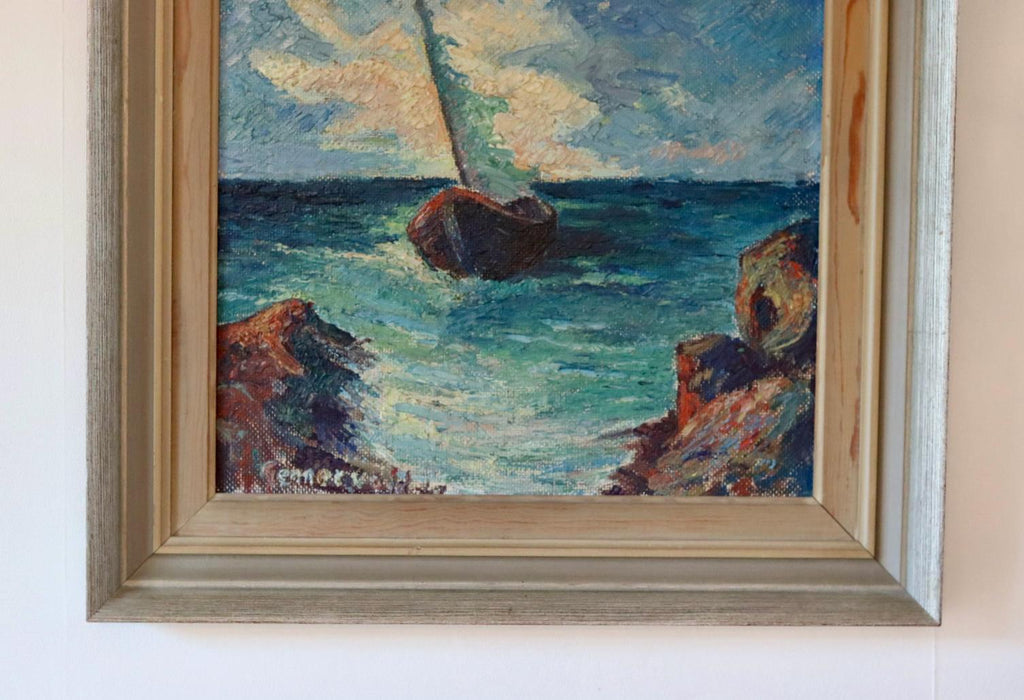 Mid-20th Century Original Oil on Panel – Ship at Sea