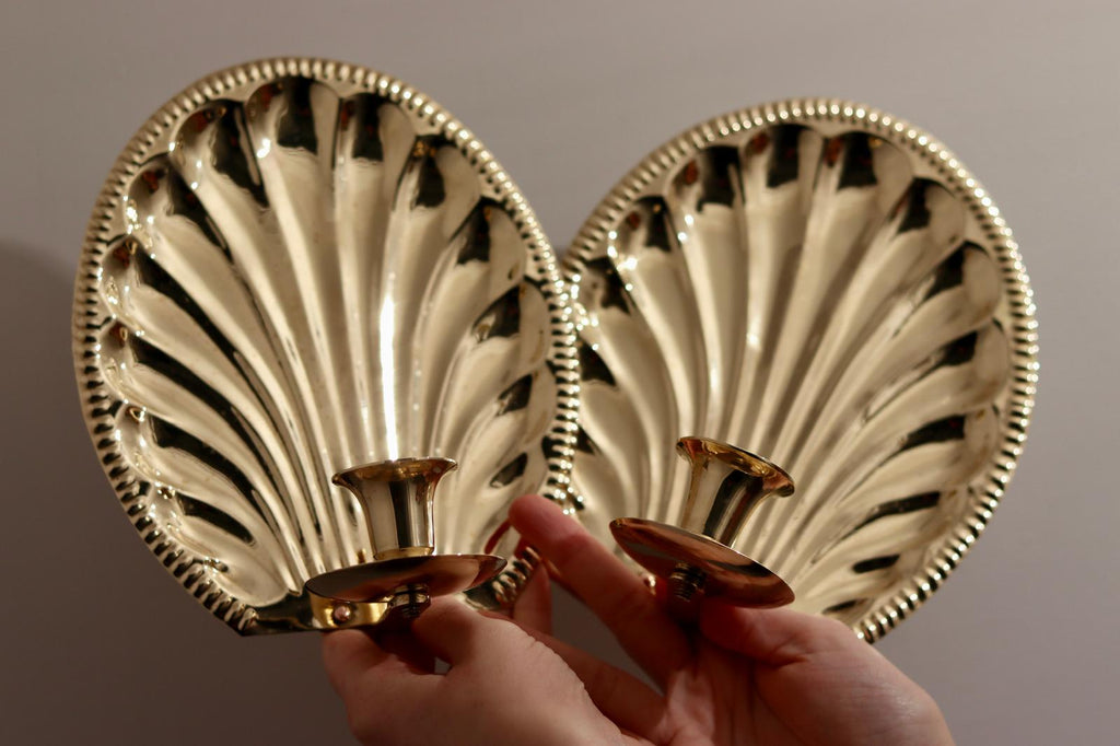 Pair of Vintage Brass Sconces with Scallop Detail