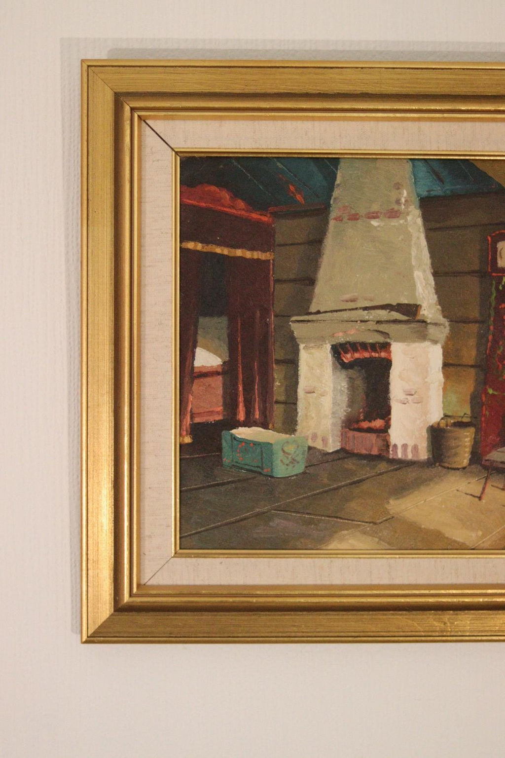 Original Mid-Century Swedish Oil On Canvas – Kitchen Fireplace