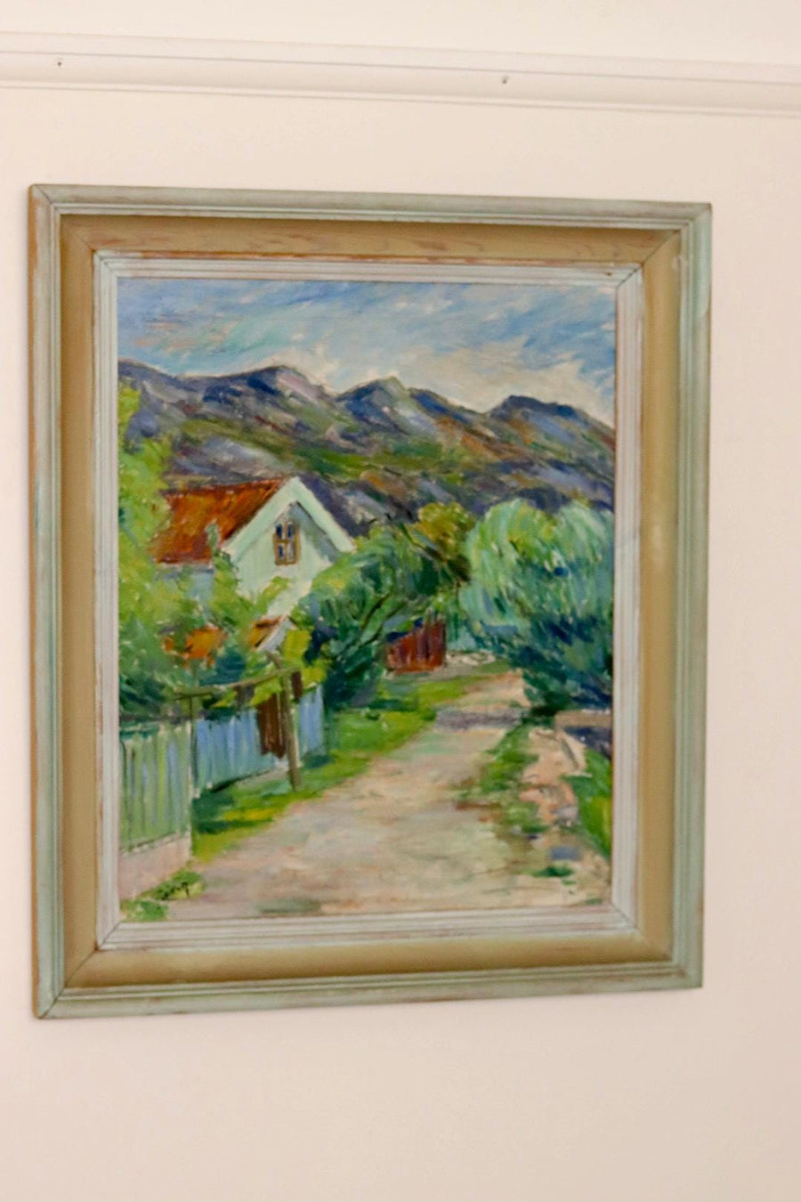 Mid-Century Original Oil on Panel "House in the Mountains"