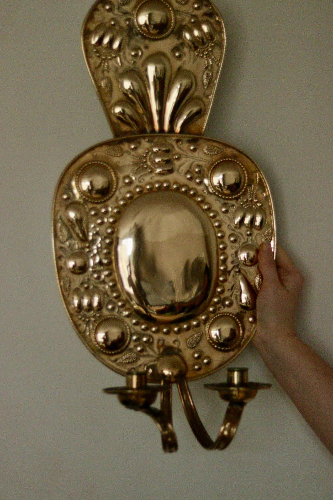 Pair of Large  Mid Century Swedish  Brass Baroque Sconces with double arm Design