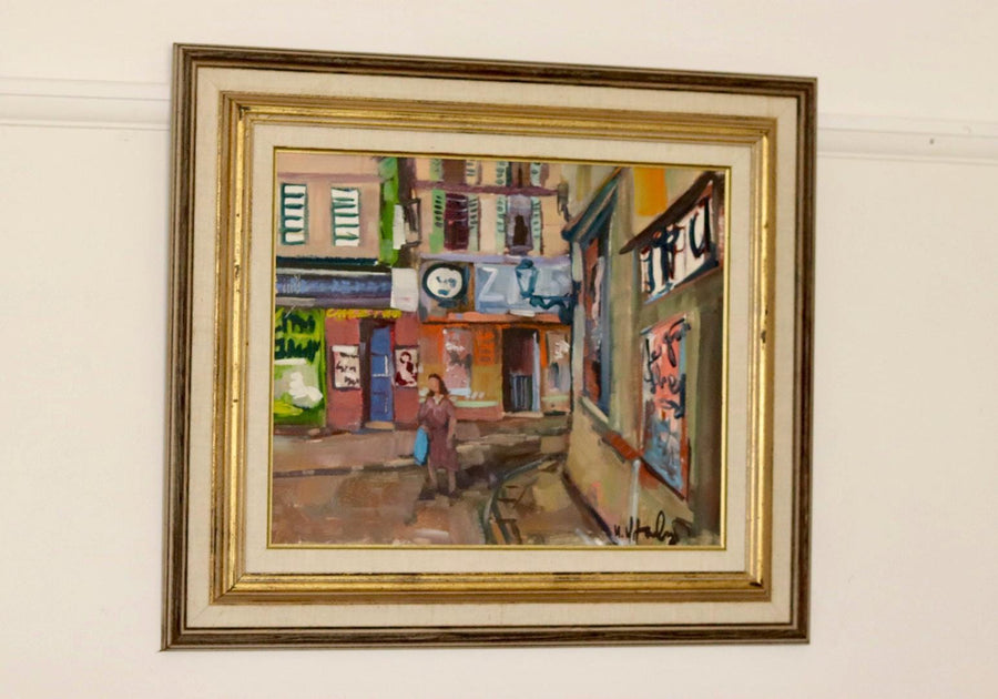 Swedish Mid-Century Oil On Canvas Painting "European Street Scene"