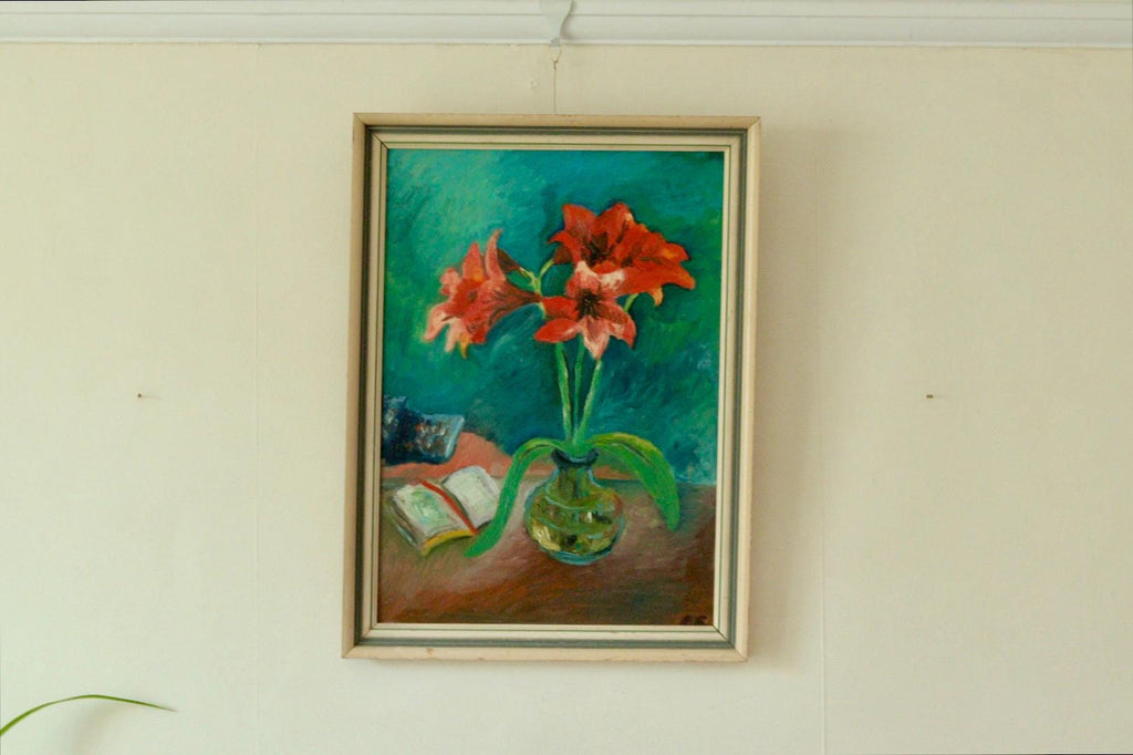 Original Mid Century Oil on Board – “Still Life with Flowers, Book and Object”