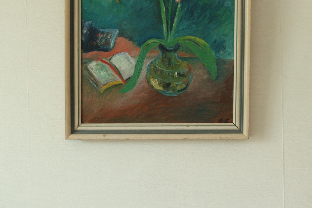 Original Mid Century Oil on Board – “Still Life with Flowers, Book and Object”