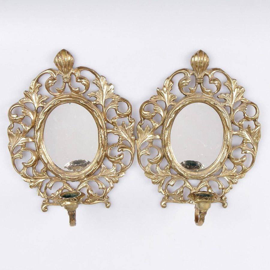 Pair of Antique French Brass Sconces with Mirror