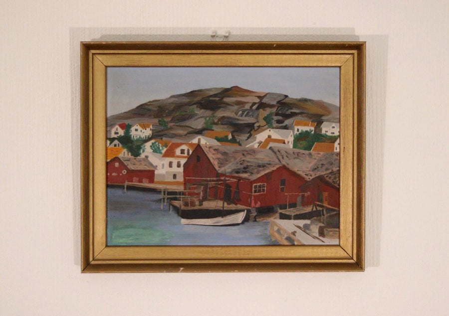 Original Mid-Century Swedish Oil On Panel – Coastal Town