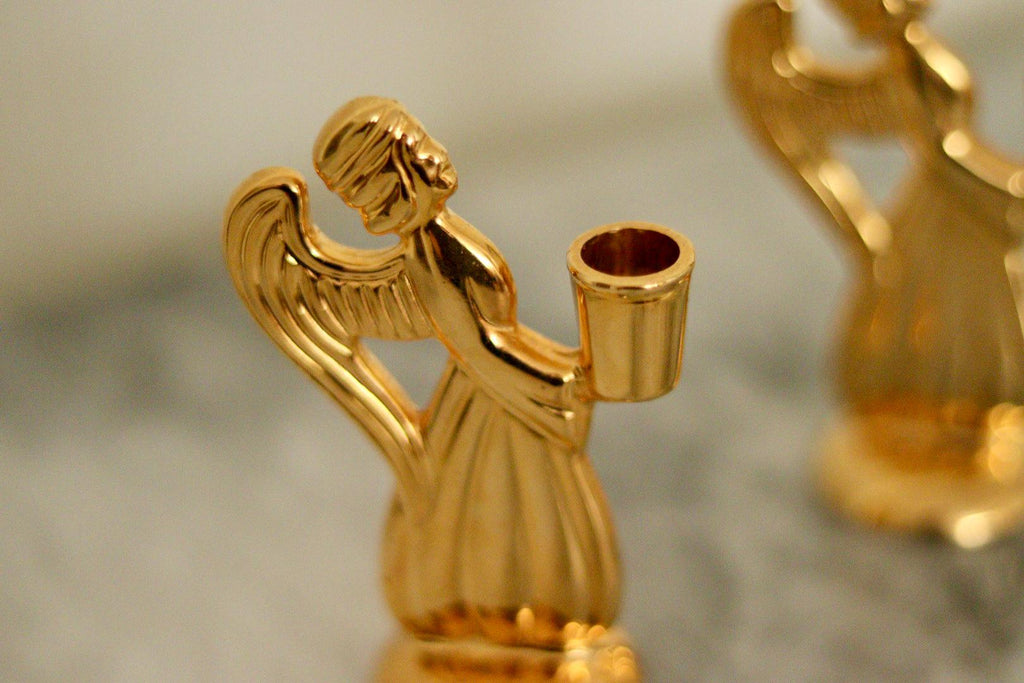 Pair of Vintage Swedish Brass Angel Candleholders by Skultuna