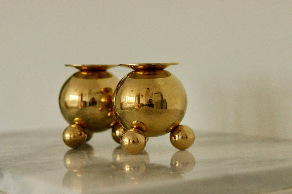 Pair of Mid-Century Swedish Heavy Brass Candle Holders by Gusum