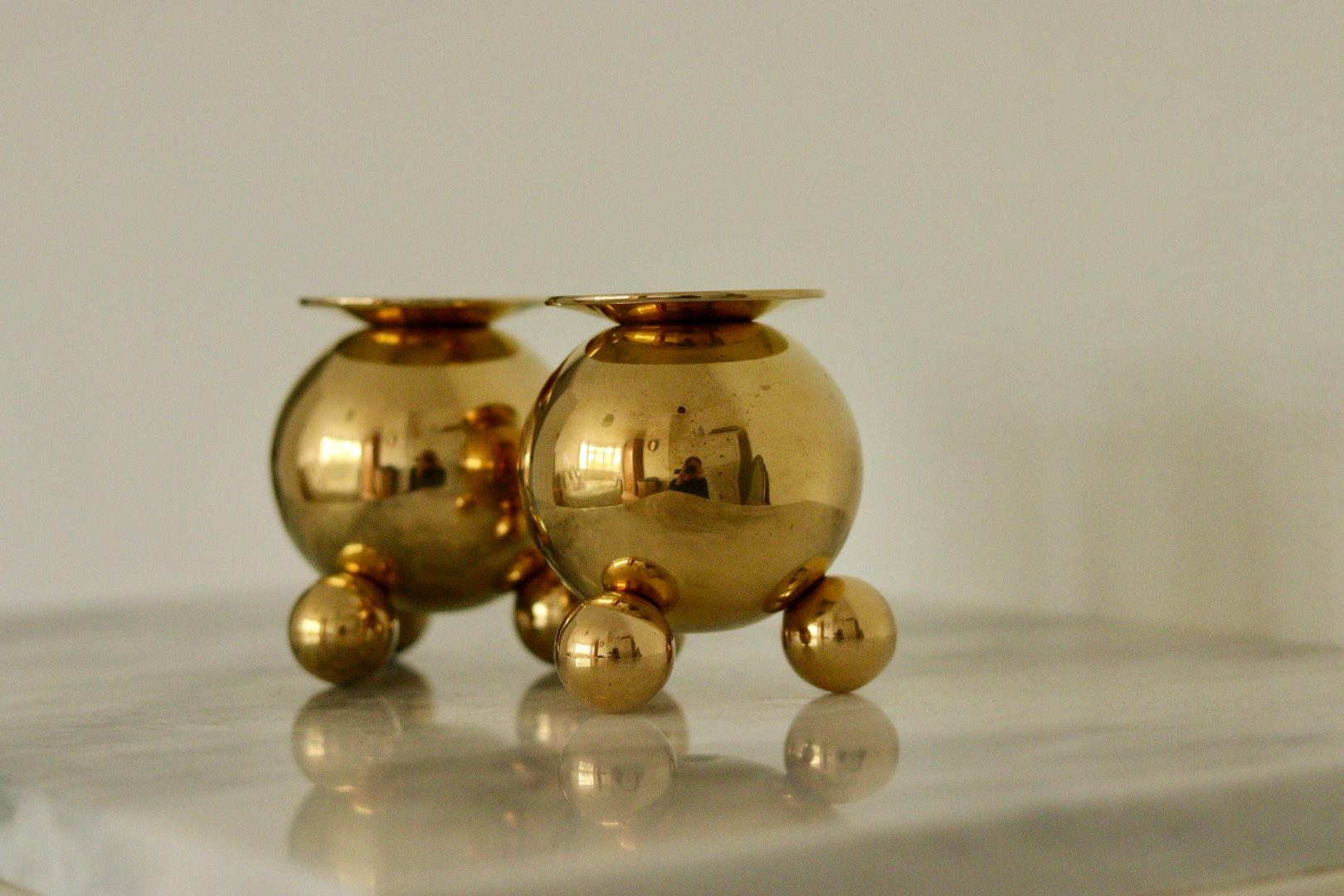Pair of Mid-Century Swedish Heavy Brass Candle Holders by Gusum