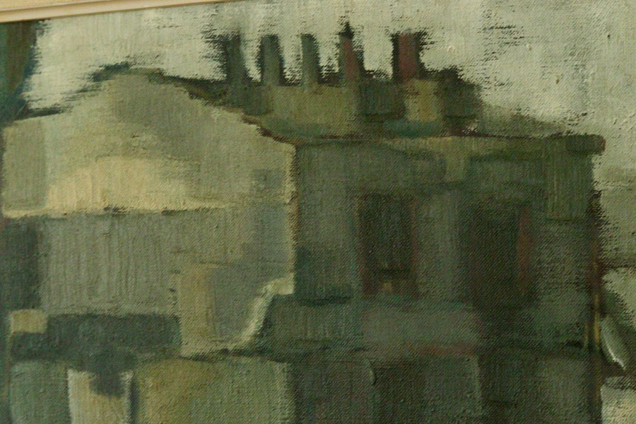 Mid-Century Original Swedish Oil on Canvas "Houses"
