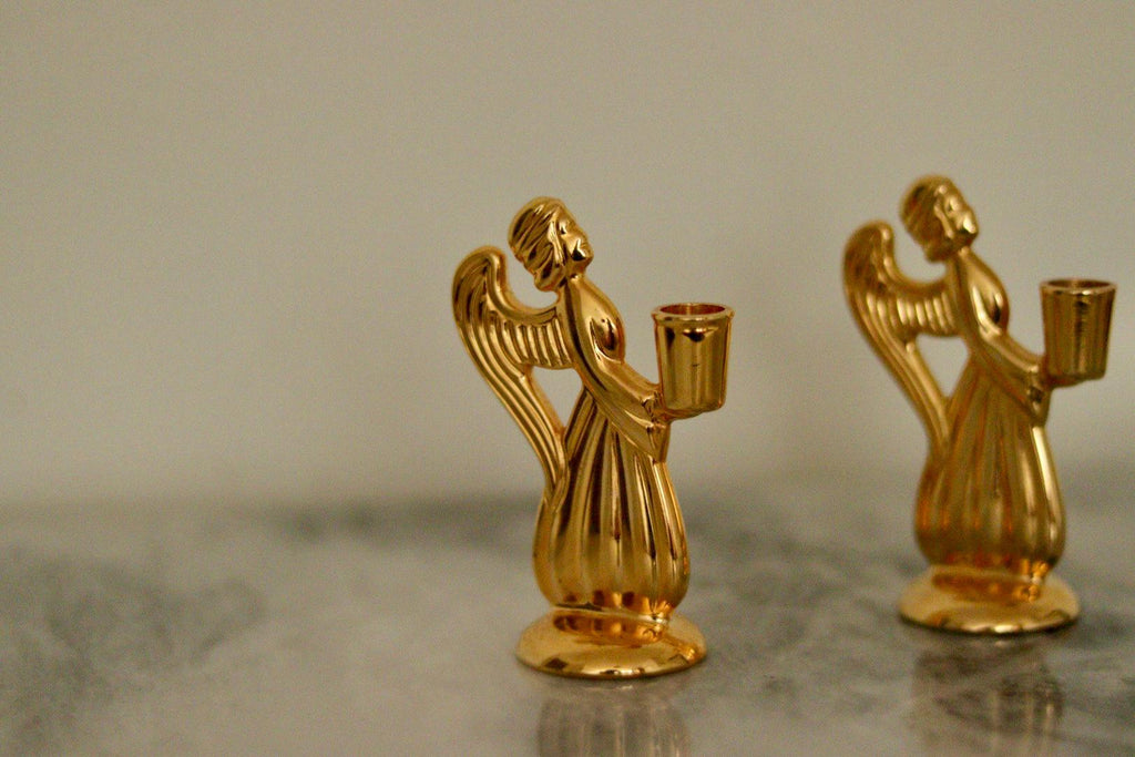 Pair of Vintage Swedish Brass Angel Candleholders by Skultuna