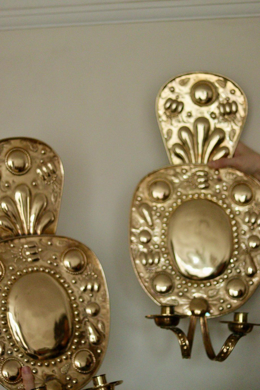 Pair of Large  Mid Century Swedish  Brass Baroque Sconces with double arm Design