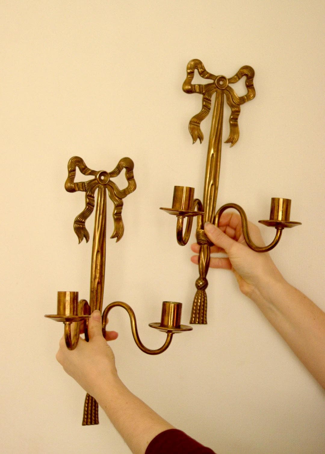 Pair of Vintage French Brass Double Arm Bow Sconces
