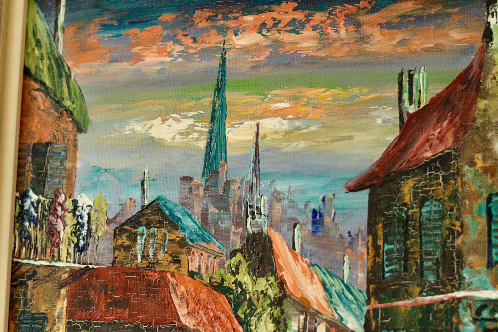 Mid-Century Original Swedish Oil on Canvas "French Street Scene