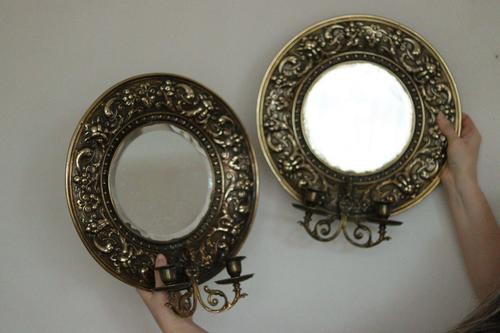 Pair of Antique Swedish Brass Sconces with Mirror