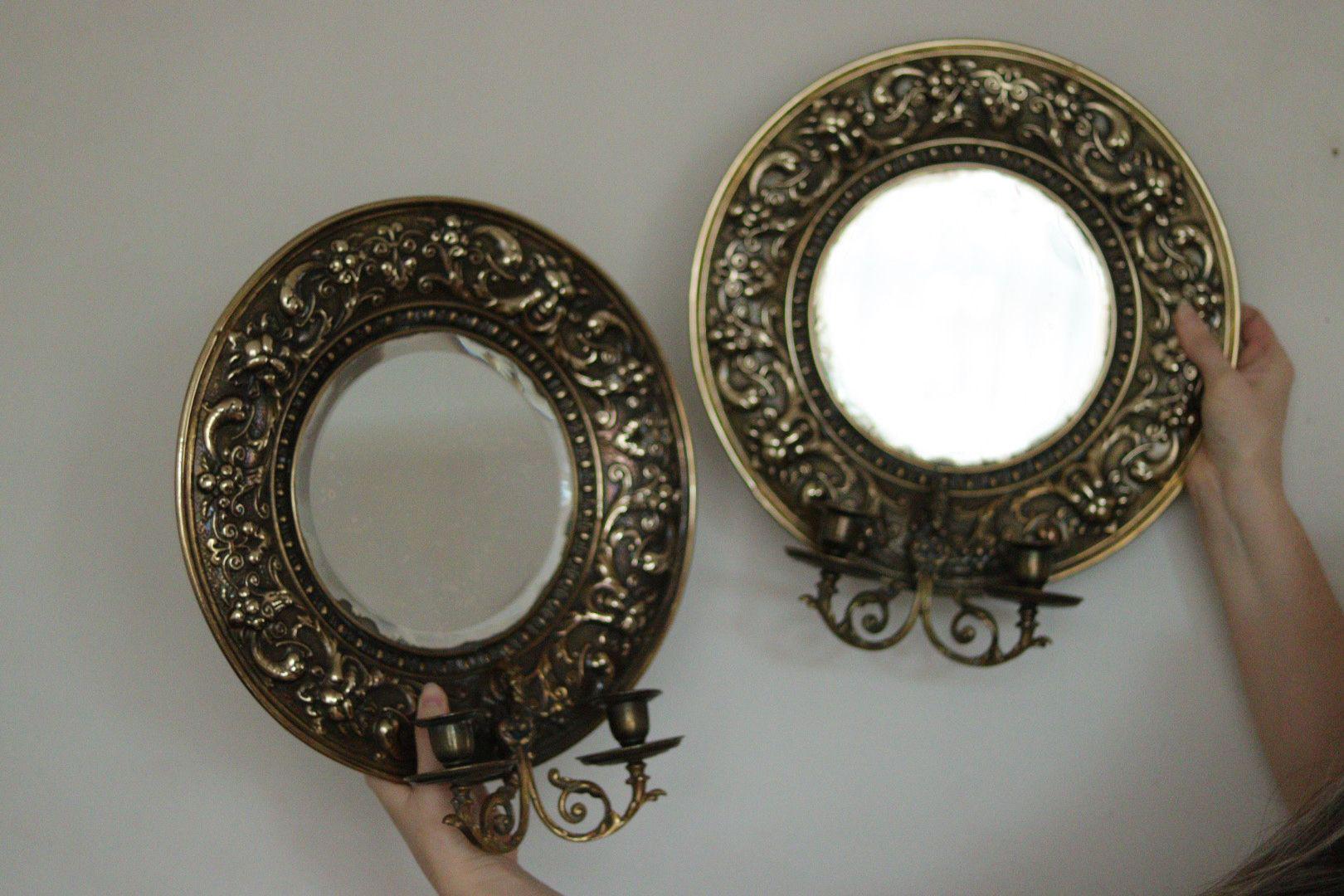 Pair of Antique Swedish Brass Sconces with Mirror