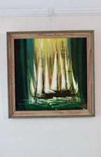 Mid-20th Century Original Oil on Canvas – Boats