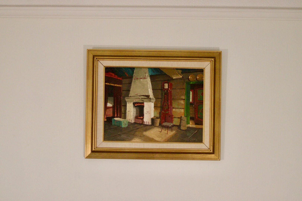 Original Mid-Century Swedish Oil On Canvas – Kitchen Fireplace