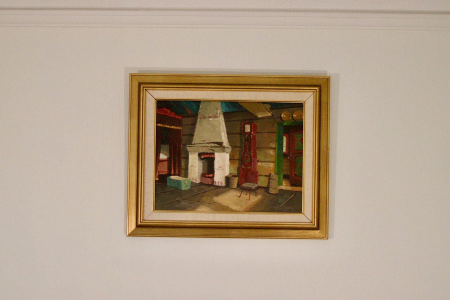 Original Mid-Century Swedish Oil On Canvas – Kitchen Fireplace