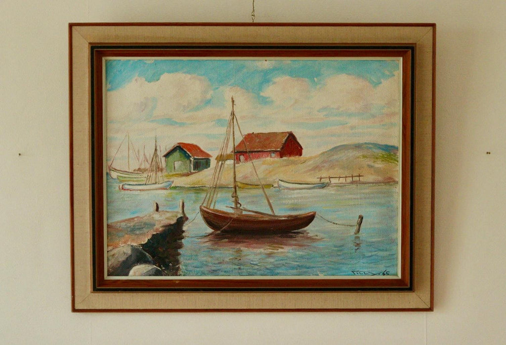 Vintage Panel Painting – “Boat and House Motif”