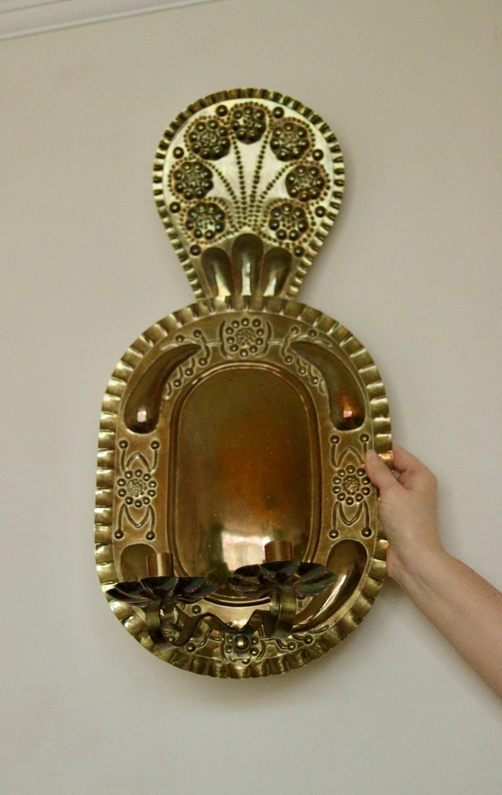 X-Large Mid-Century Swedish Brass Baroque Sconce with Double Arm Design