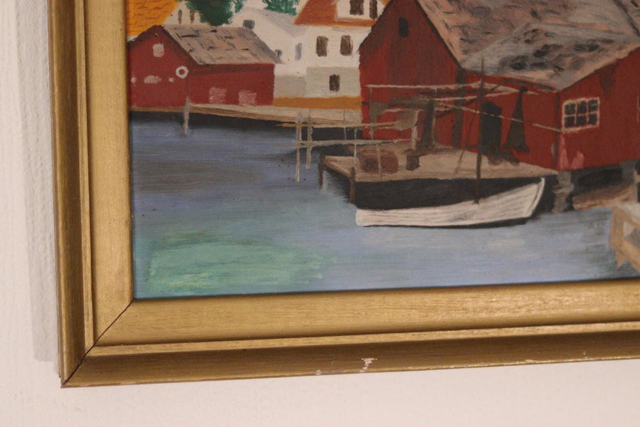 Original Mid-Century Swedish Oil On Panel – Coastal Town