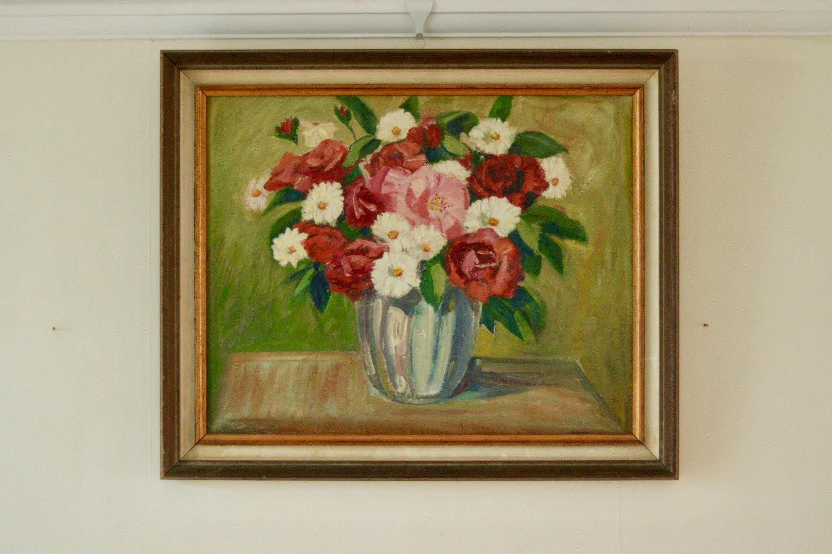 Original European Vintage Oil on  Panel Painting – “Floral Display”